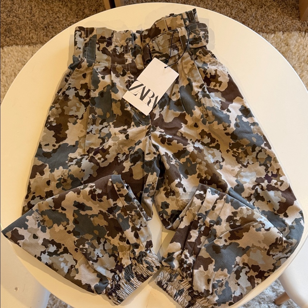 Zara Camouflage Paperbag Waist Cargo Pants - Green, Brown, Tan